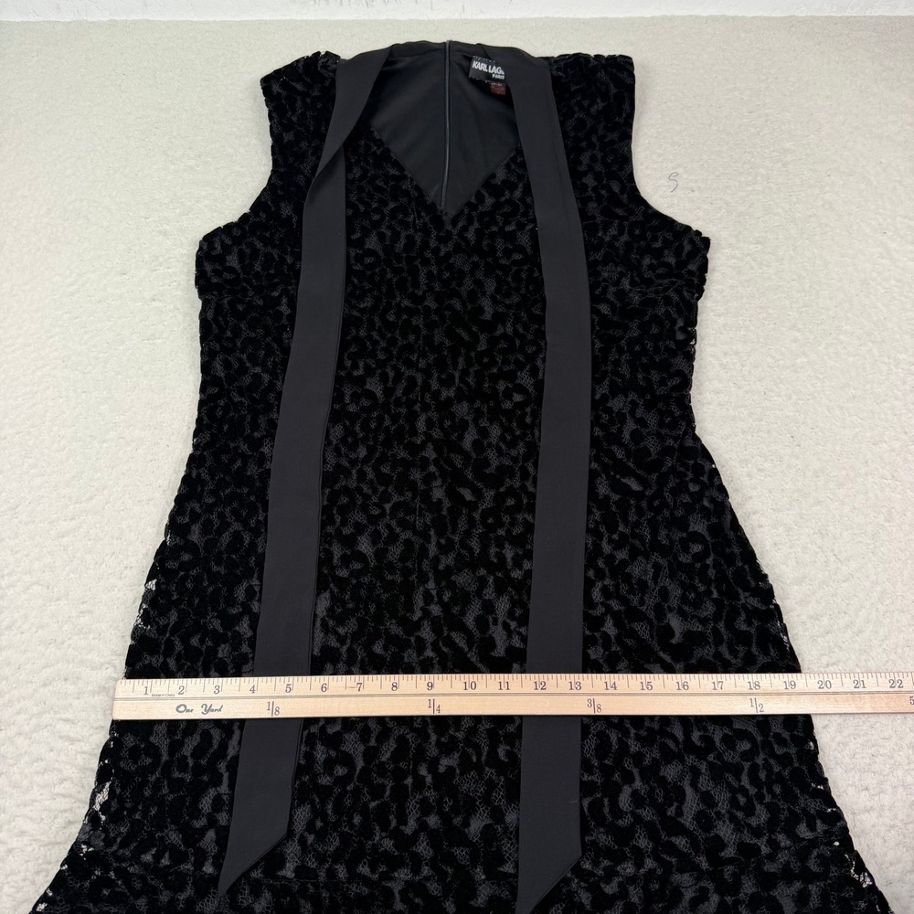 Karl Lagerfeld Paris Velvet Burnout Shift Dress Sz 12 Black Tie Neck Sleeveless - Picture 9 of 11